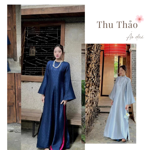 Áo Dài Ngọc Hoa , Áo dài gấm dáng xuông xưa tay loe dài cổ 2,5 cm phối quần lụa