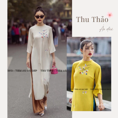 Áo Dài Lụa Cách Tân Nữ Dáng Suông Xưa Cổ Tròn Tay Lỡ ,Áo Dài Tết Thêu Hoa Đào May Sẵn Thu Thảo