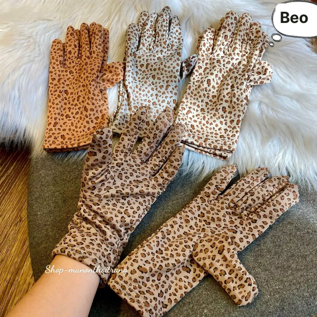 Găng tay thun 2 lớp, Găng tay chống nắng họa tiết da beo nhiều màu