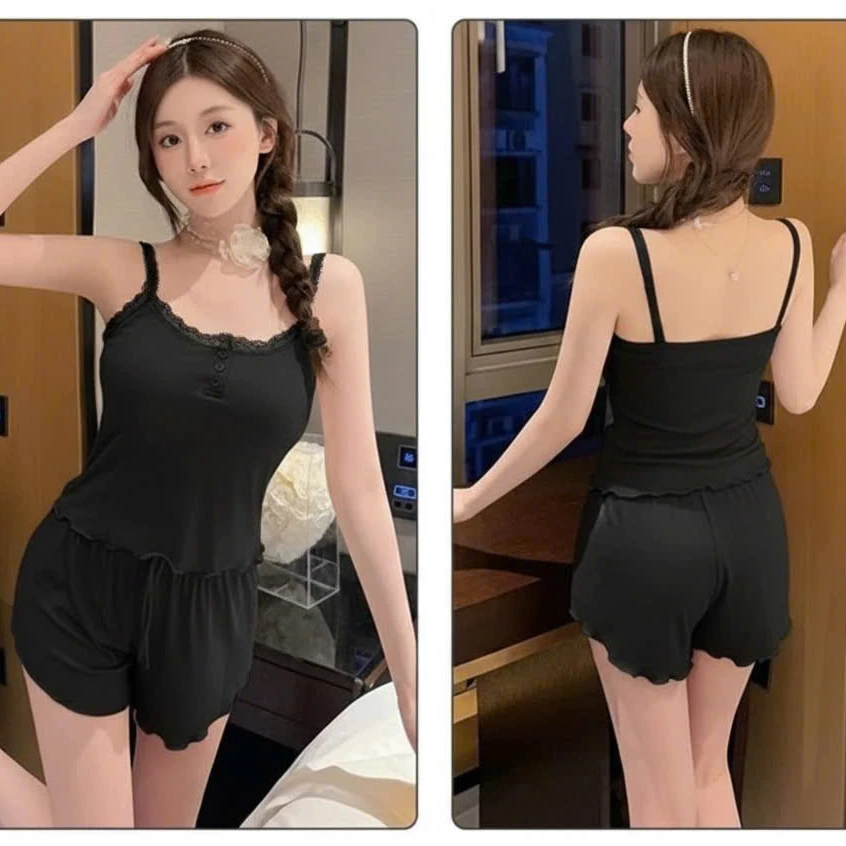 Đồ mặc nhà, bộ ngủ nữ 2 dây quần đùi vải thun tăm phối ren kèm mút ngực sexy quyến rũ bigsize CARY