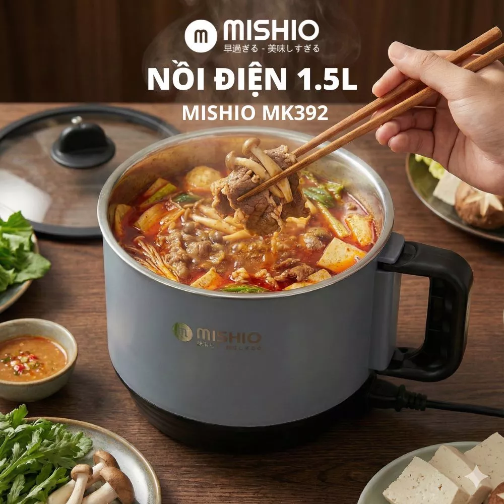 Nồi điện đa năng 1.5L Mishio MK392 600W lòng inox 304 không gỉ sét