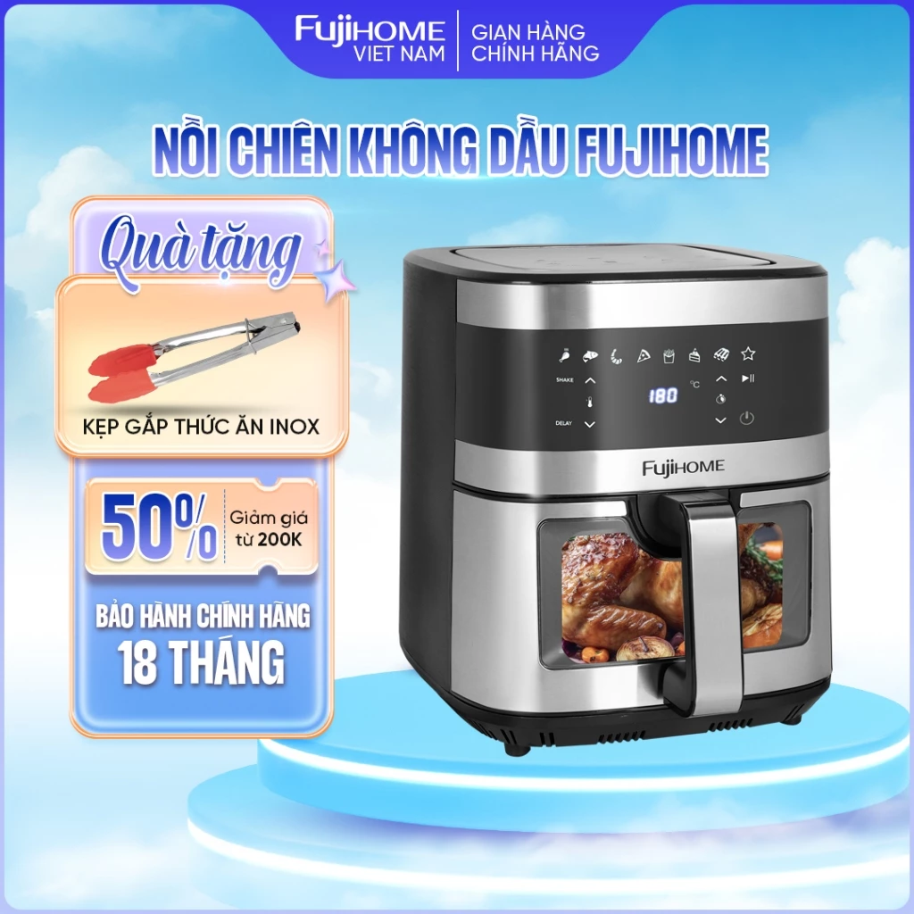 Nồi chiên không dầu 10L nhập khẩu Fujihome 1800W, nồi chiên điện tử cảm ứng 8 chế độ nấu cài đặt chống dính cao cấp