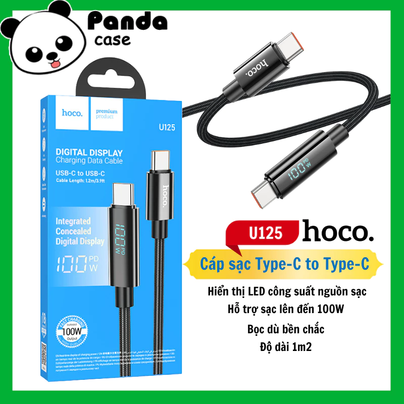 Dây cáp sạc nhanh 100w Hoco U125 chân Type C sang Type C, có đèn LED báo dòng sạc, bọc dù chắc chắn