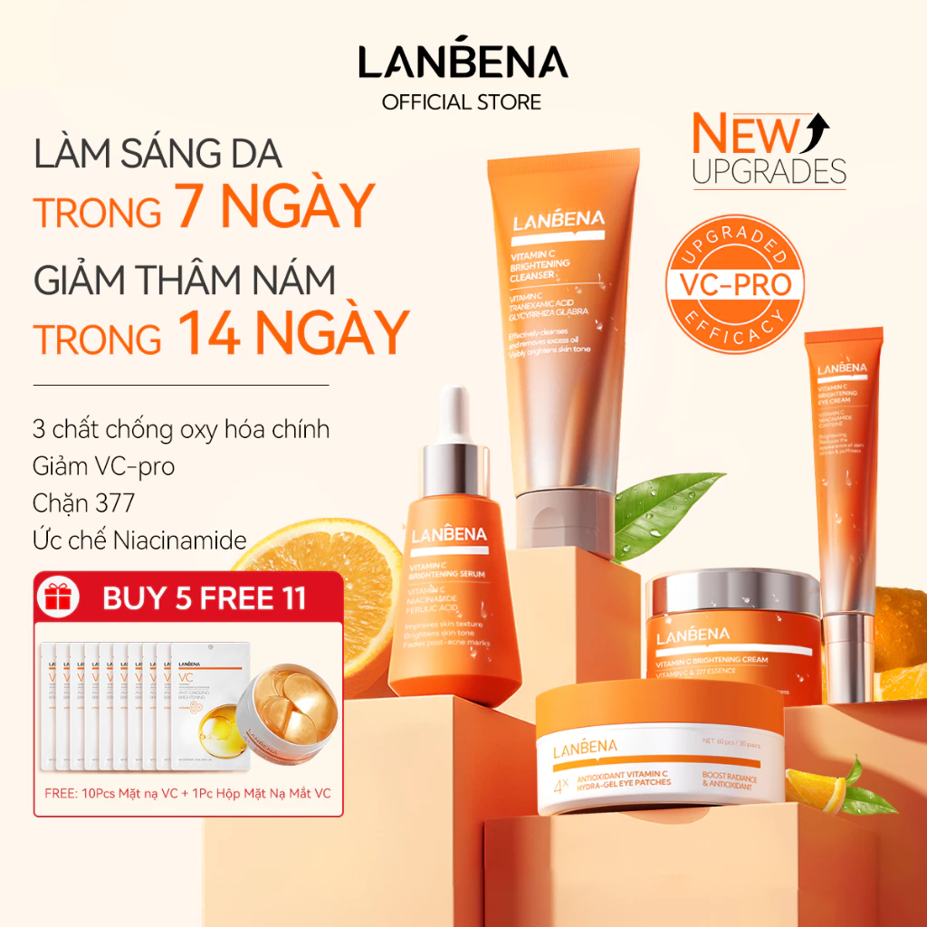 LANBENA Bộ sản phẩm chăm sóc da mặt Vitamin C(set) -Kem dưỡng+Sữa rửa mặt+Serum+Kem mắt +Mặt nạ mắt Skincare