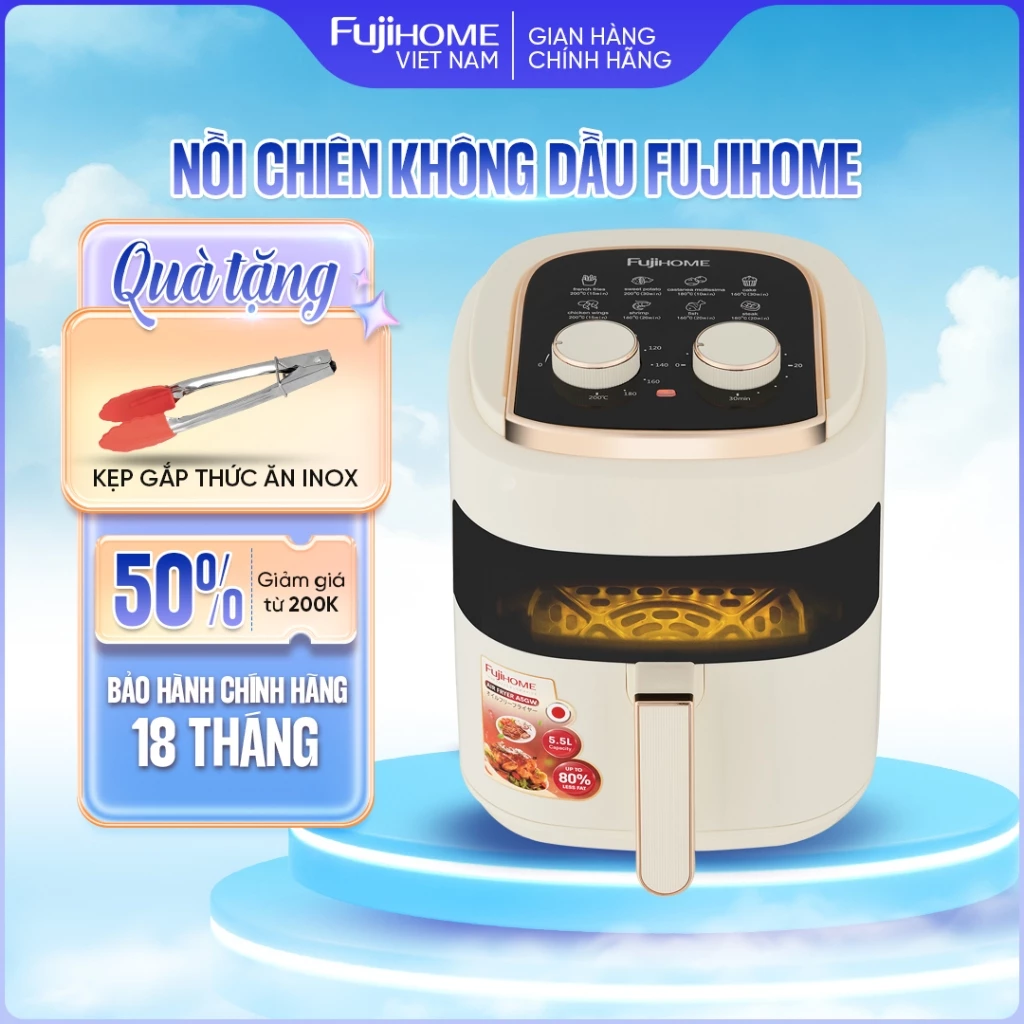Nồi chiên không dầu 5.5L Nhập Khẩu Fujihome 1600W, Nồi chiên không khí cơ không hơi nước 5 Lít  tự ngắt tặng kèm gắp