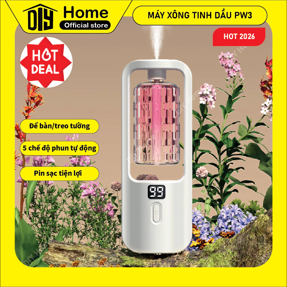 Máy xông tinh dầu PW3 2026 tự động 5 chế độ – khuếch tán tinh dầu decor phòng ngủ sang trọng