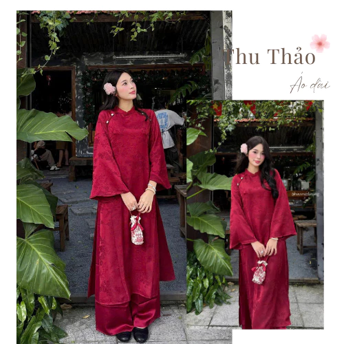 Áo Dài Đào Hạc Quạt Đính Cham, Áo Dài Cách Tân Dáng Xuông Tay Dài Du Xuân,Lễ Tết