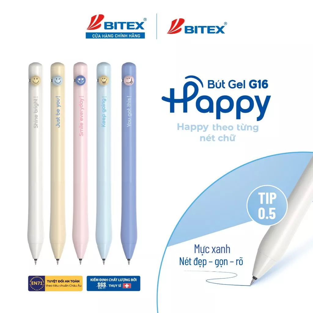 [MỚI VỀ] Bút Gel BITEX G16 Happy – Viết Êm Trơn, Thiết Kế Pastel Dễ Thương