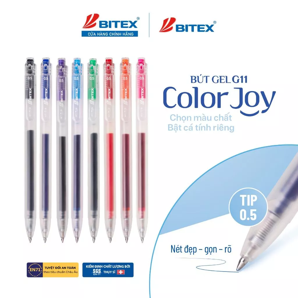 [MỚI VỀ] Bút Gel BITEX G11 Color Joy – 8 Màu Mực Tươi Sáng, Viết Êm, Ngòi 0.5mm, Bút Bấm Tiện Lợi