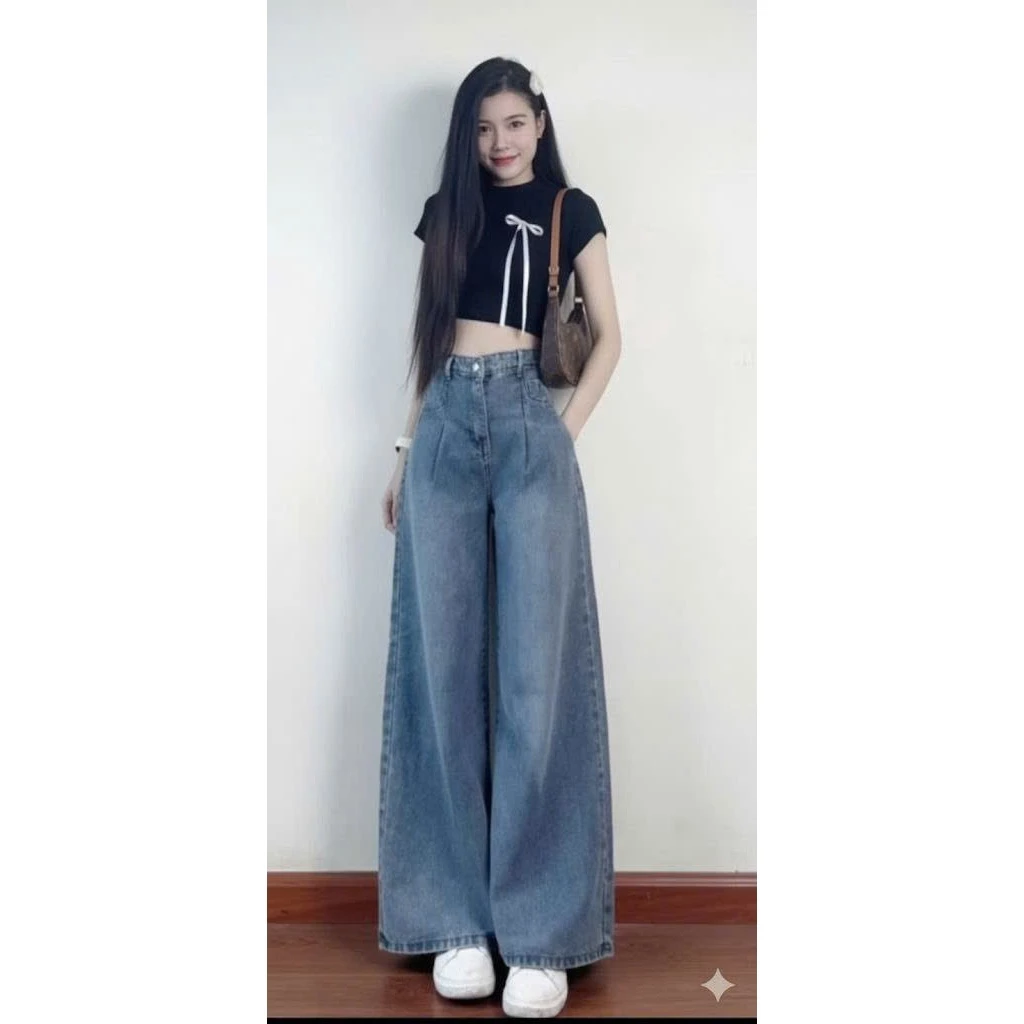 Quần jean nữ ống rộng, quần baggy nữ chất demin cạp cao thời trang DV66