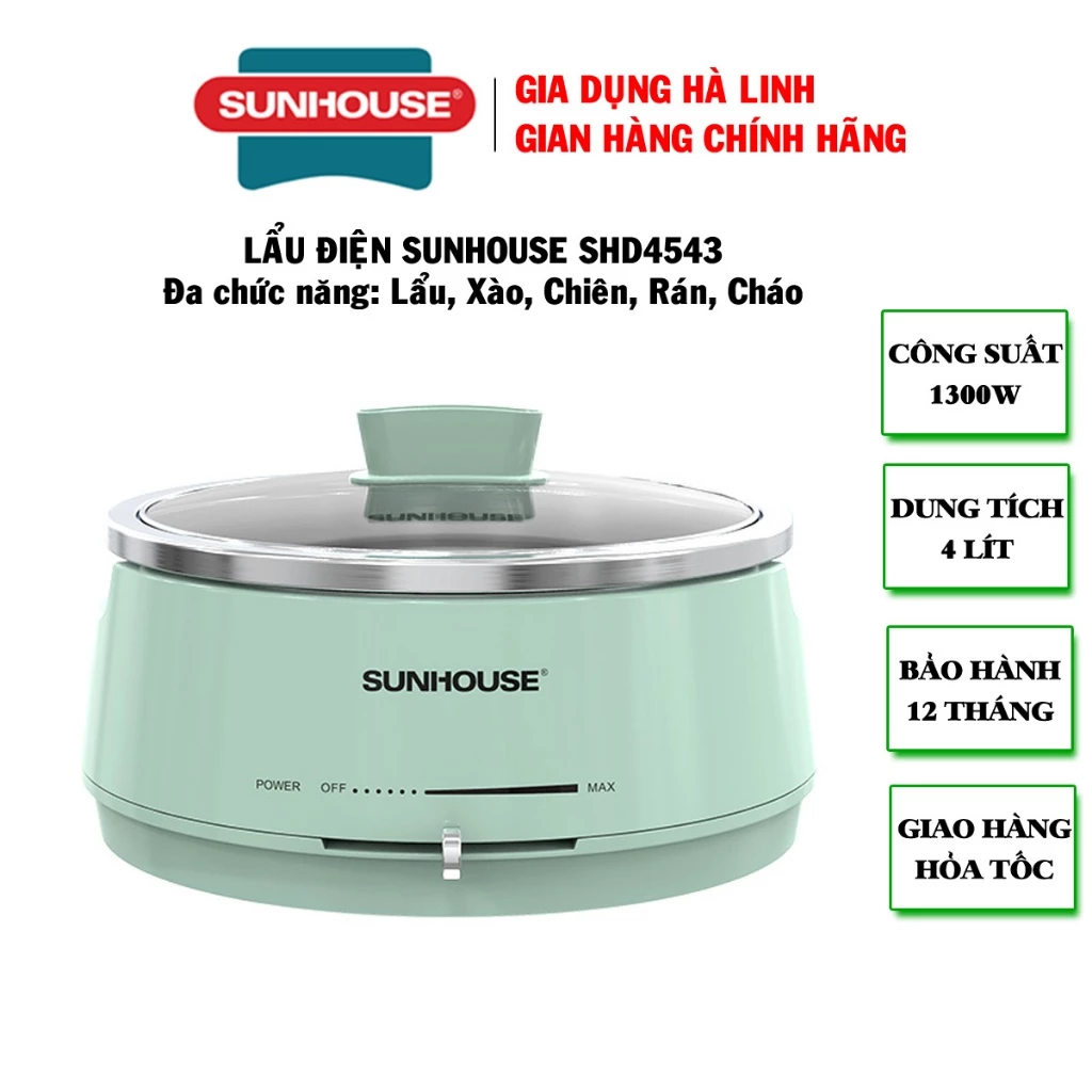 Lẩu điện Sunhouse SHD4543, Công suất 1300 W, Dung tích 4 Lít, Lòng nồi Inox 304, Bảo hành 12 tháng