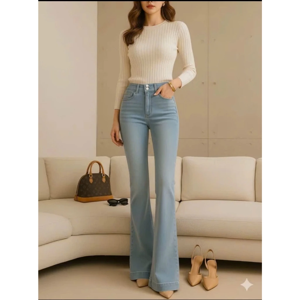 Quần Jean nữ ống loe cạp cao vải co giãn [M75]