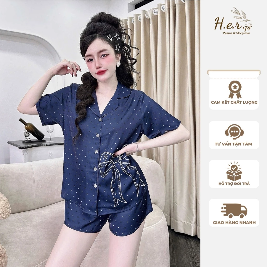 Đồ bộ nữ mặc nhà HER Pijama lụa latin tơ tằm cao cấp cộc đùi họa tiết dễ thương