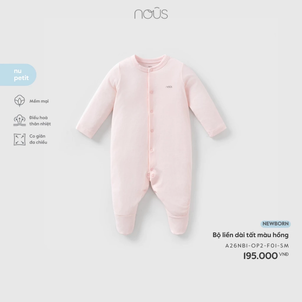 Nous Newborn Bộ liền dài có tất sơ sinh, bodysuit dài tay cài thẳng chất liệu petit mềm nhẹ cho bé sơ sinh dưới 5.5kg