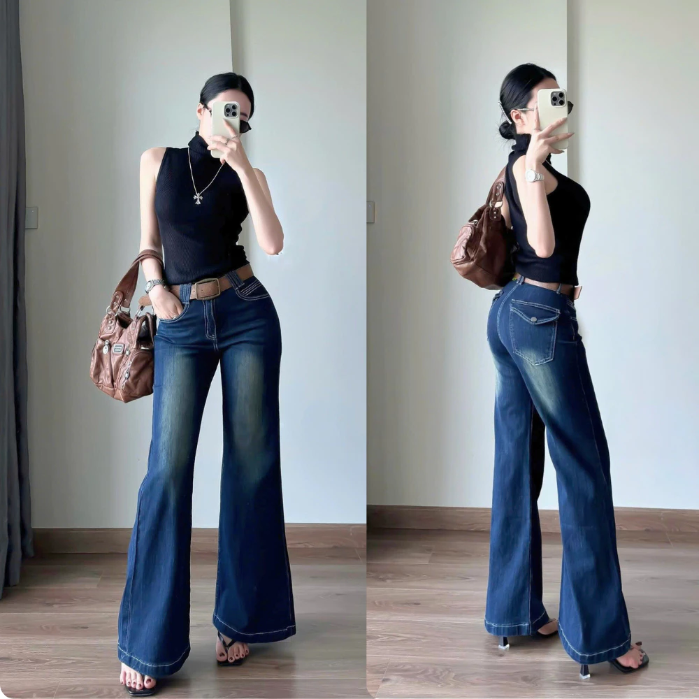 Quần Jean ống loe nữ trơn có túi nắp, Quần bò ống loe chất jean cao cấp co dãn sang chảnh CL10