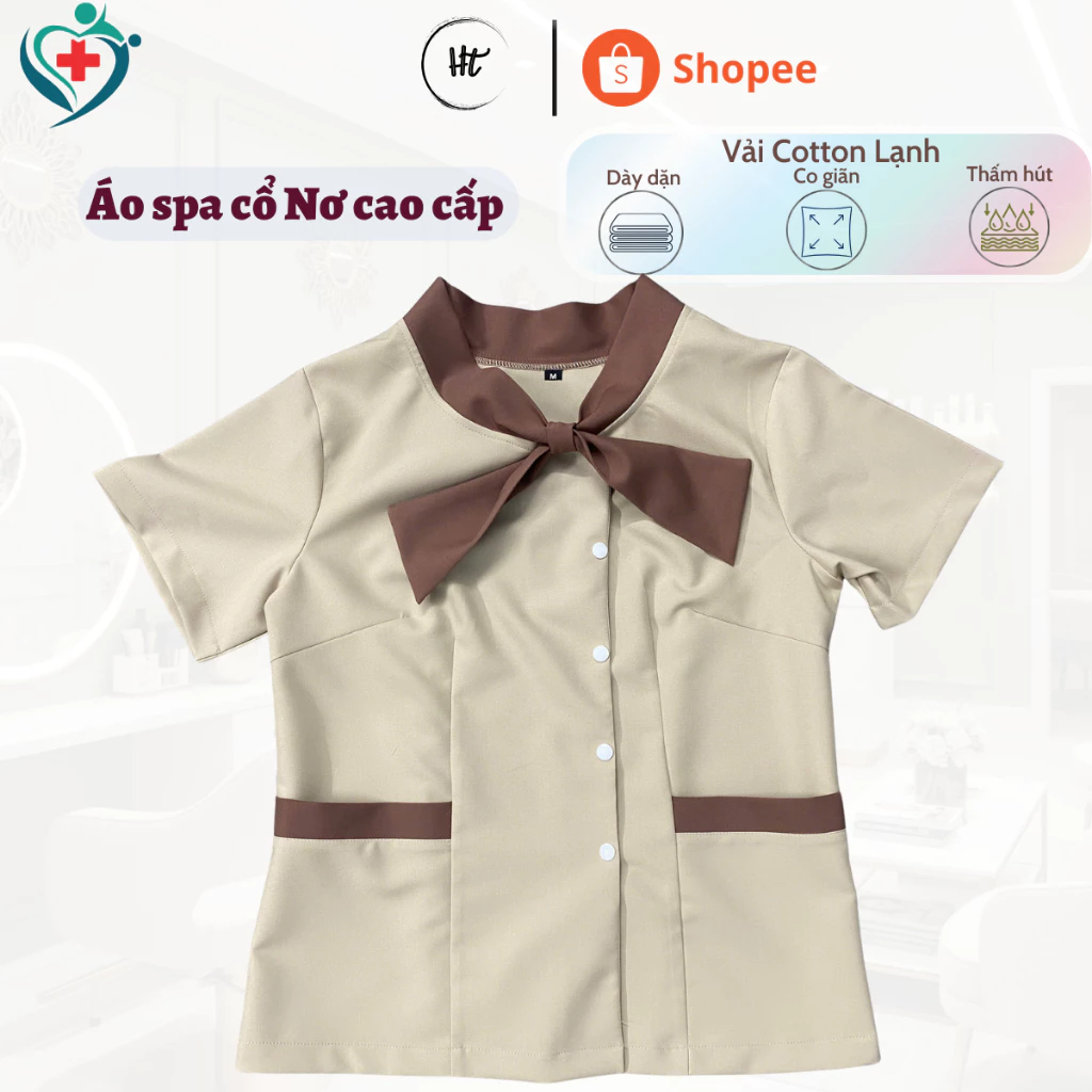 Áo Spa Cổ NƠ Nâu Be, Áo spa khăn quàng CAO CẤP, chuyên dụng cho NỮ tiệm spa, thẩm mỹ, nail, beauty