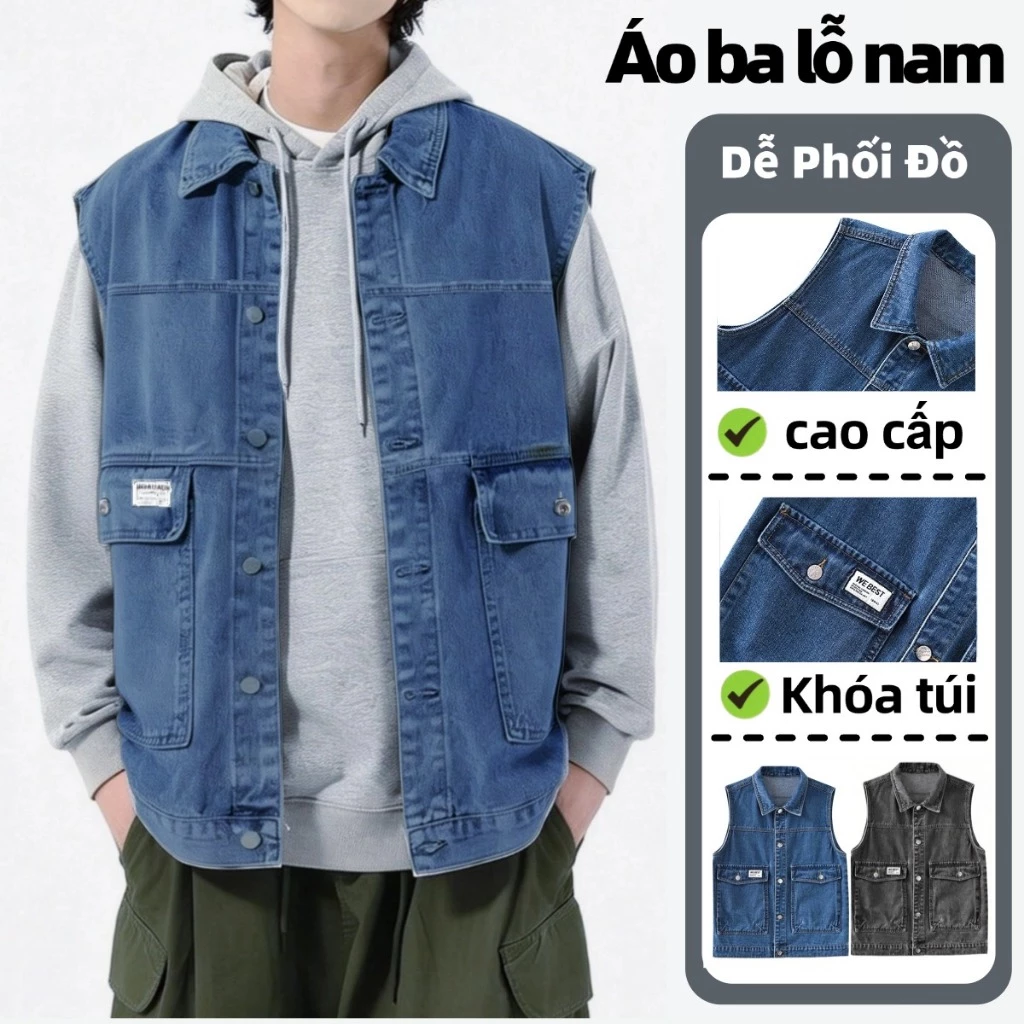 BUKIE Áo ba lỗ nam Áo gile nam mỏng chất JEAN mềm túi áo rộng rãi tiện lợi chống mài mòn phong cách retro