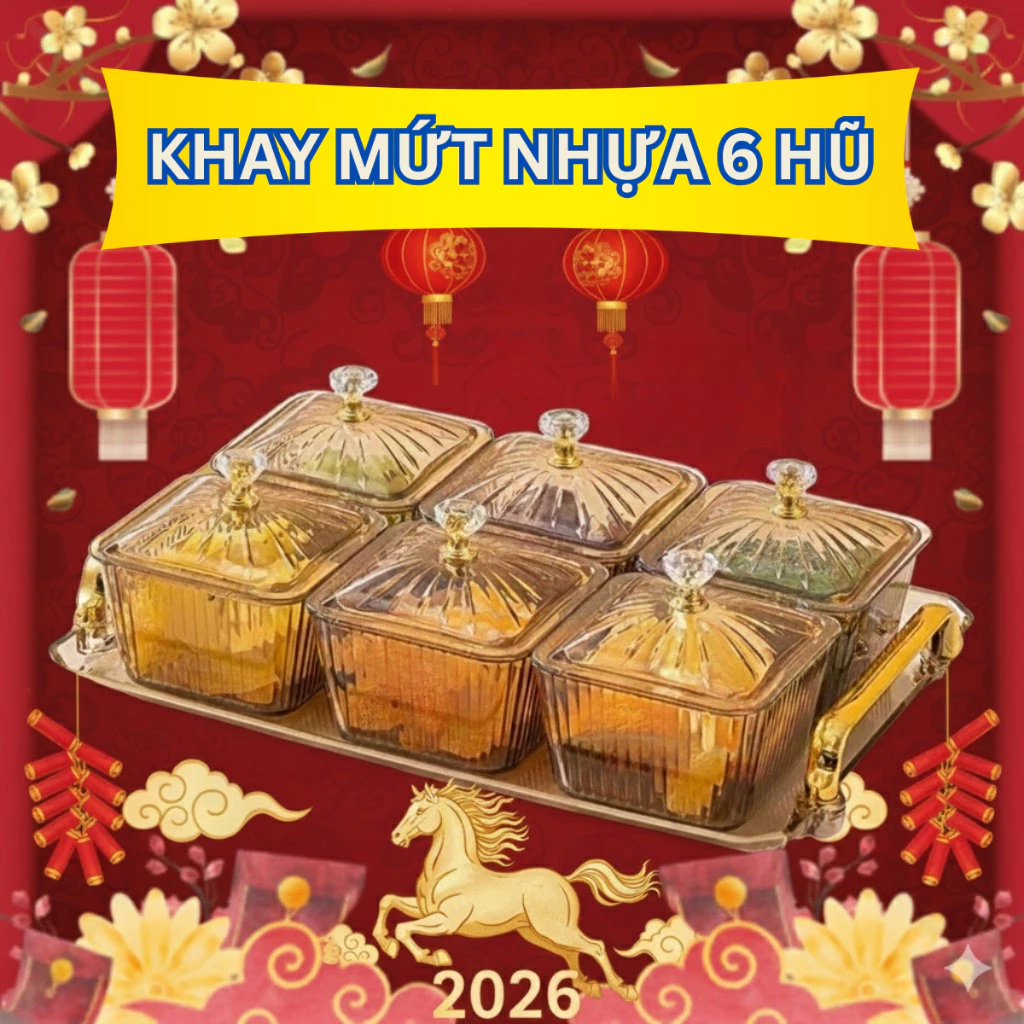 Khay mứt tết 6 hũ nhựa màu hổ phách sang trọng, hộp đựng bánh kẹo tết 2026 có khay và nắp đậy