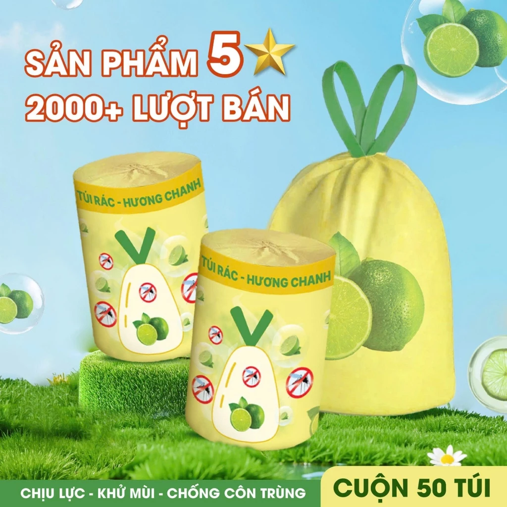 Cuộn 50 túi đựng rác xua đuổi côn trùng mùi hương chanh, hương lavender, hương ngải cứu. Túi rác có dây rút