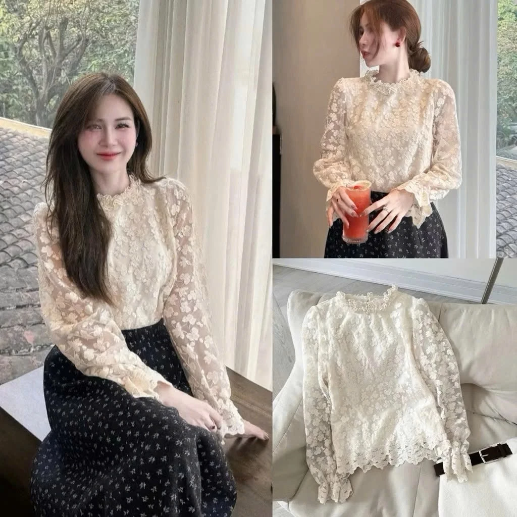 Áo sơ mi ren cổ bèo dài tay, áo ren thu đông xinh, phong cách tiểu thư Hàn Quốc mix đồ siêu xinh Joolate