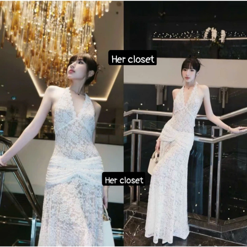 [VÁY THIẾT KẾ] Váy ren cổ V hở lưng dáng dài đầm rencổ V hở lưng dáng dài váy mixi đầm mixi sang chảnh đàm đi tiệc sẵ...