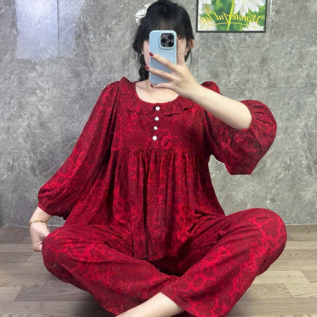 QUẦN DÀI BABYDOLL PHOM TO CỔ BÈO PHỐI NÚT TLD272 - Đồ Bộ Tole Lanh Nữ Mặc Nhà Tay Dài Quần Dài