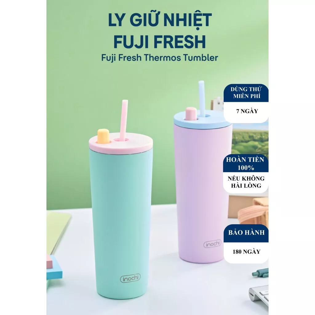 [ KHẮC TÊN] Ly giữ nhiệt Fuji Fresh. Cấu tạo 5 Lớp Cách Nhiệt. Có Ống Hút kèm Nắp Đậy Chống Bụi