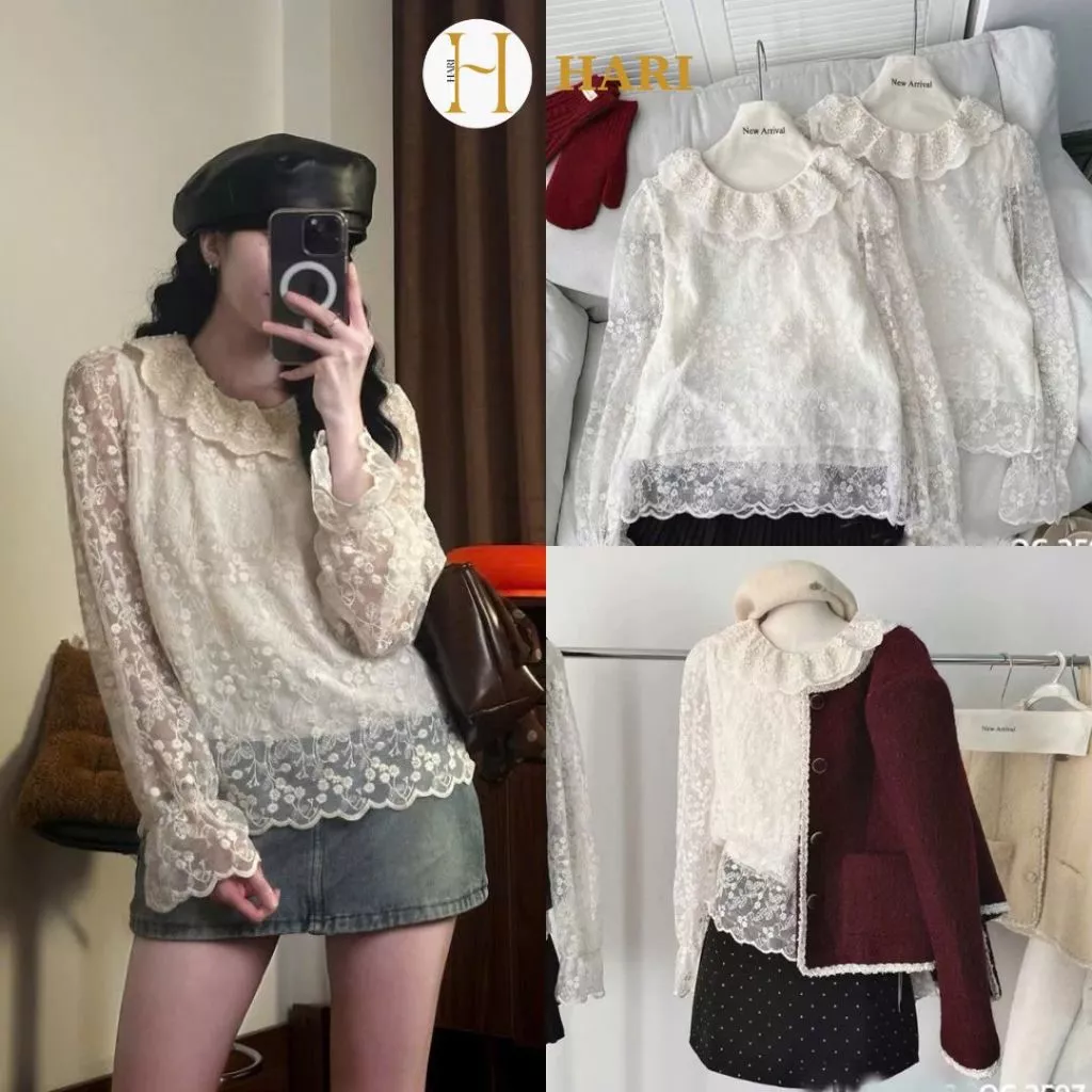 Áo sơ mi Hari ren hoa nổi cổ bèo ren tay bồng 2 lớp 552 P6K6