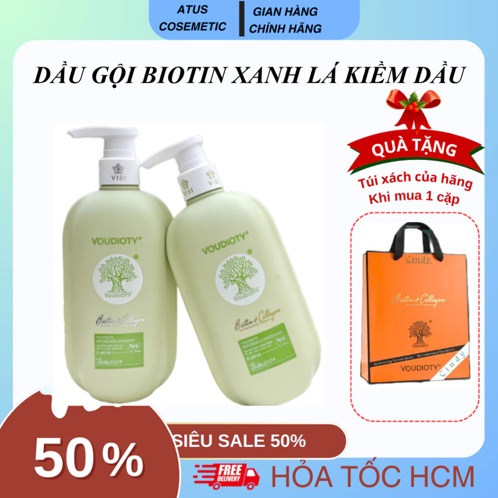 Cặp Dầu Gội Xả Biotin Collagen Voudioty Xanh Lá mới 2024 Kiềm Dầu, Giảm Rụng, Phục Hồi Tóc Hư Tổn