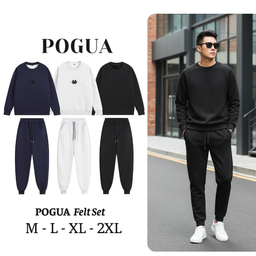 Set Bộ Quần Áo Nỉ Nam Thu Đông Logo Thêu Chữ M Lót Nhung Dày Dặn Quần Có Dây Rút POGUA BTAM