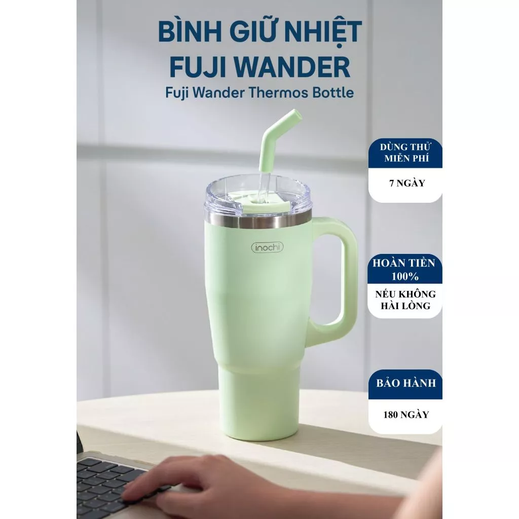 [KHẮC TÊN] Bình giữ nhiệt Fuji Wander, Nắp Đậy Trượt Thông Minh Kèm Ống Hút