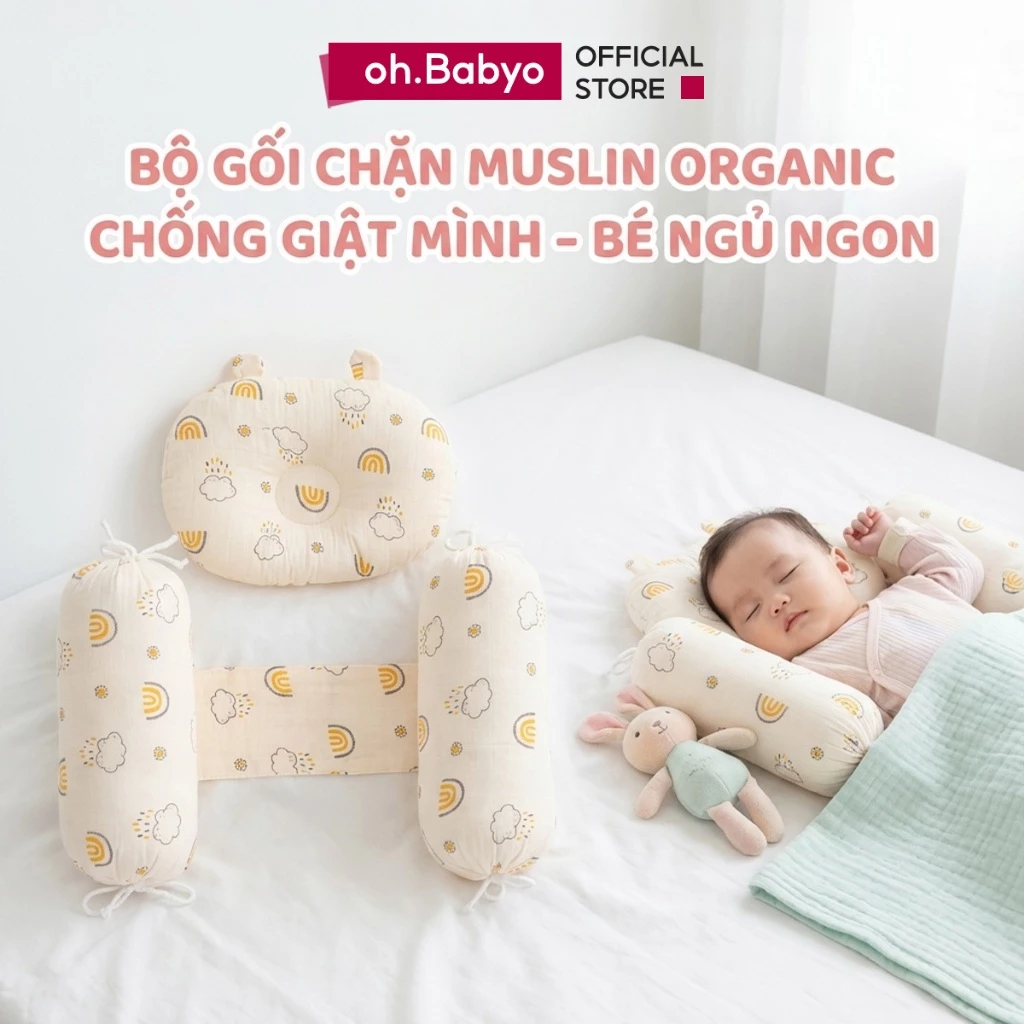 Bộ Chặn Kèm Gối Bông Xô Muslin Đa Năng ohBabyo Gối Sơ Sinh Chống Giật Mình Giúp Bé Ngon Ngủ Sâu