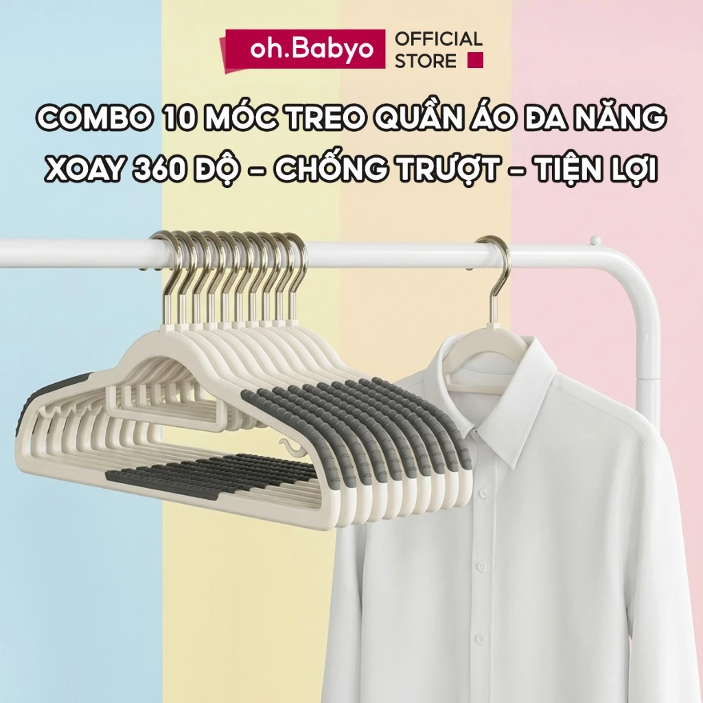 COMBO 10 Móc Nhựa Treo Quần Áo ohBabyo Móc Áo Đa Năng Chống Trượt Xoay 360 Tiết Kiệm Không Gian