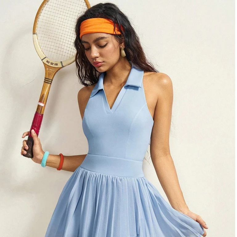 Váy Pickleball Nữ Cao Cấp UYNSPORTY Màu Xanh Cổ Polo Không Tay, Váy Xếp Ly Dáng Ôm, Bộ Đồ Pickleball Nữ