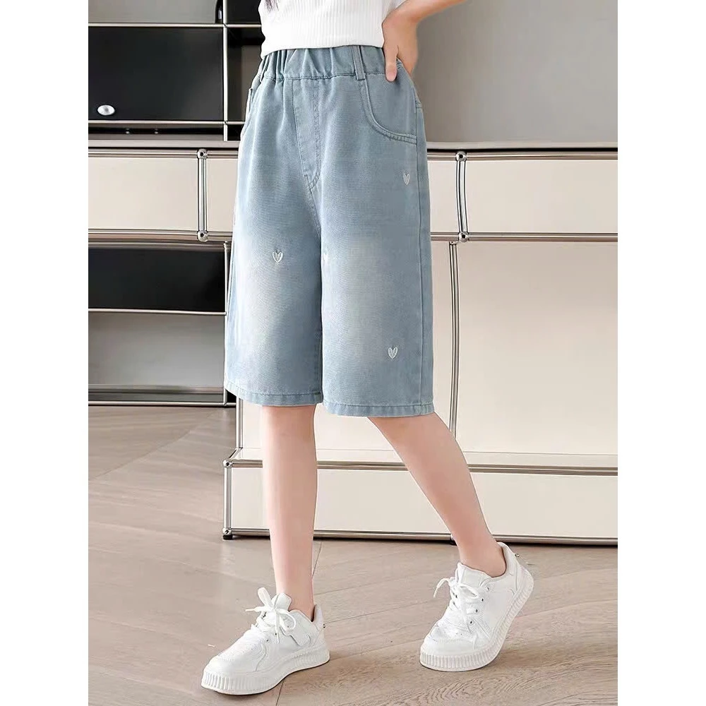 (16-50kg) Quần ngố bò short jean bé gái, thêu hình đặc sắc