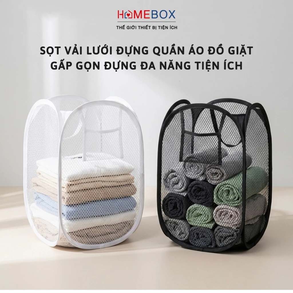 Sọt Lưới Vải Đựng Quần Áo Đồ Dùng Đa Năng Cỡ Lớn, Giỏ Vải Đựng Đồ Giặt Gấp Gọn Khung Thép Chắc Chắn