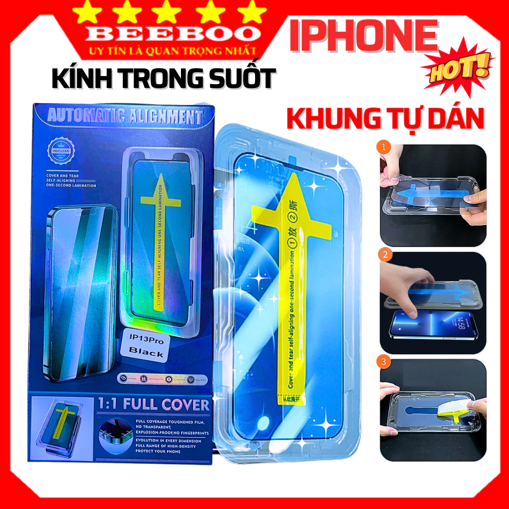 Cường lực Iphone Khung Tự Dán 18 ProMax 17 16 15 Plus 14 13 12 Pro Max Xs Max 11 X Xs Xr - Trong suốt - Full màn HD
