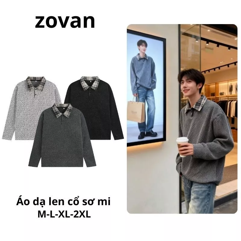 Áo Sweater Phối Sơ Mi Kẻ Chất Len Dạ Kim Tuyến