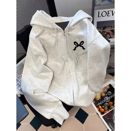 [ CÓ TÚI TRONG ] Áo Khoác Hoodie Zip Form Rộng Màu Xám Basic Nơ Đen Unisex Nỉ Bông Dày Dặn Phong Cách Hàn Quốc