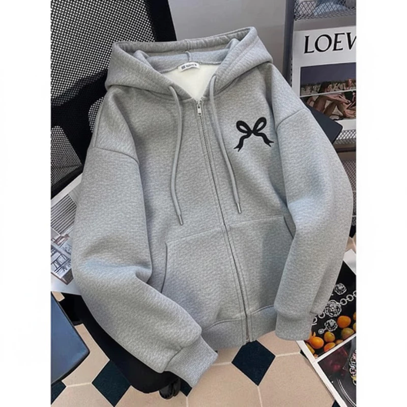 Áo Hoodie Nữ Khóa Kéo In Nơ Dễ Thương Form Rộng, Áo Khoác Hoodie Xám Basic Ulzzang [ Có Túi Trong )