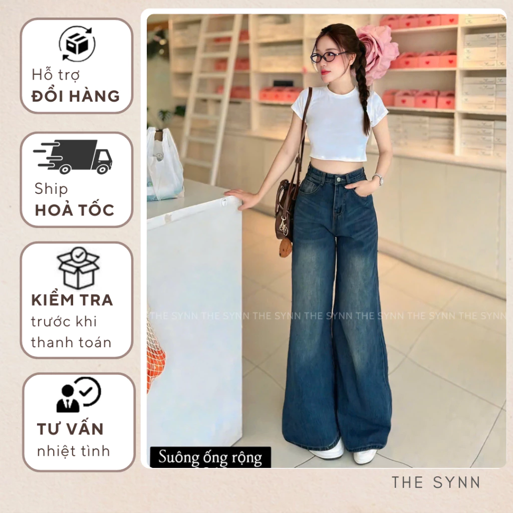 0848 - Quần Jean Nữ Ống Rộng Wash Xanh Đậm Trơn Phong Cách