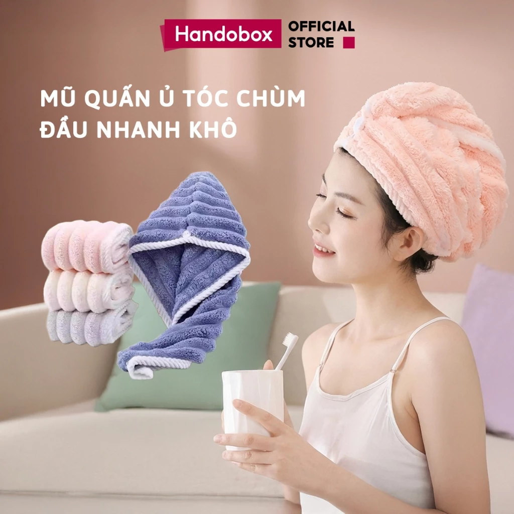 Mũ Quấn Tóc Lông Dệt Sóng Thấm Hút Handobox Khăn Ủ Tóc Nhanh Khô Trùm Đầu Lau Khô Tóc Mềm Mại