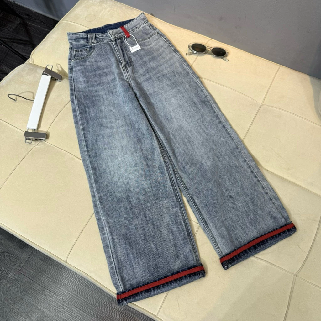 (82/87/97cm) Quần Jean Nữ Ong Suông Trơn Phối Viền Đỏ ,  Đủ Size S/M/L ( S01 - Quần suông nấm ) 7377