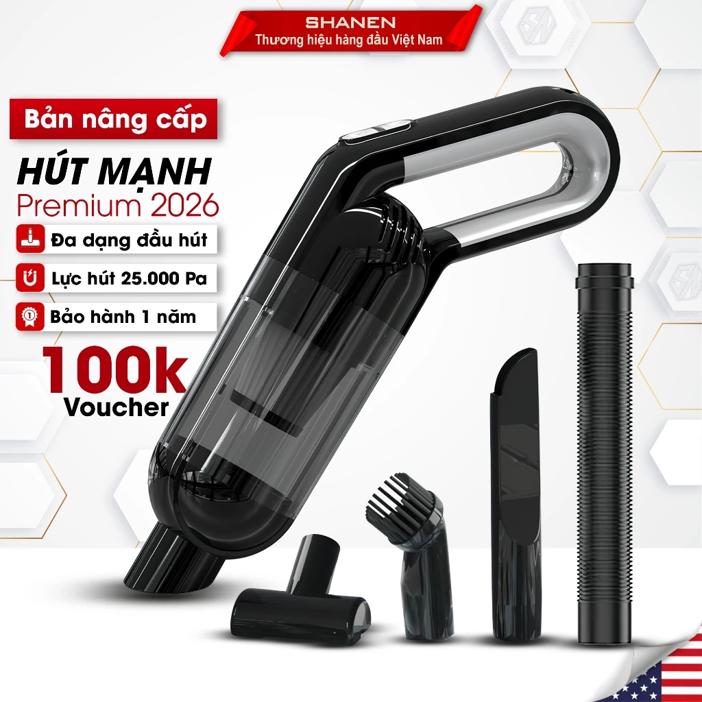Máy hút bụi cầm tay SHANEN, Tích hợp đèn Pin, Nhỏ gọn, Công suất 25.000 Pa, Bảo hành 12 tháng