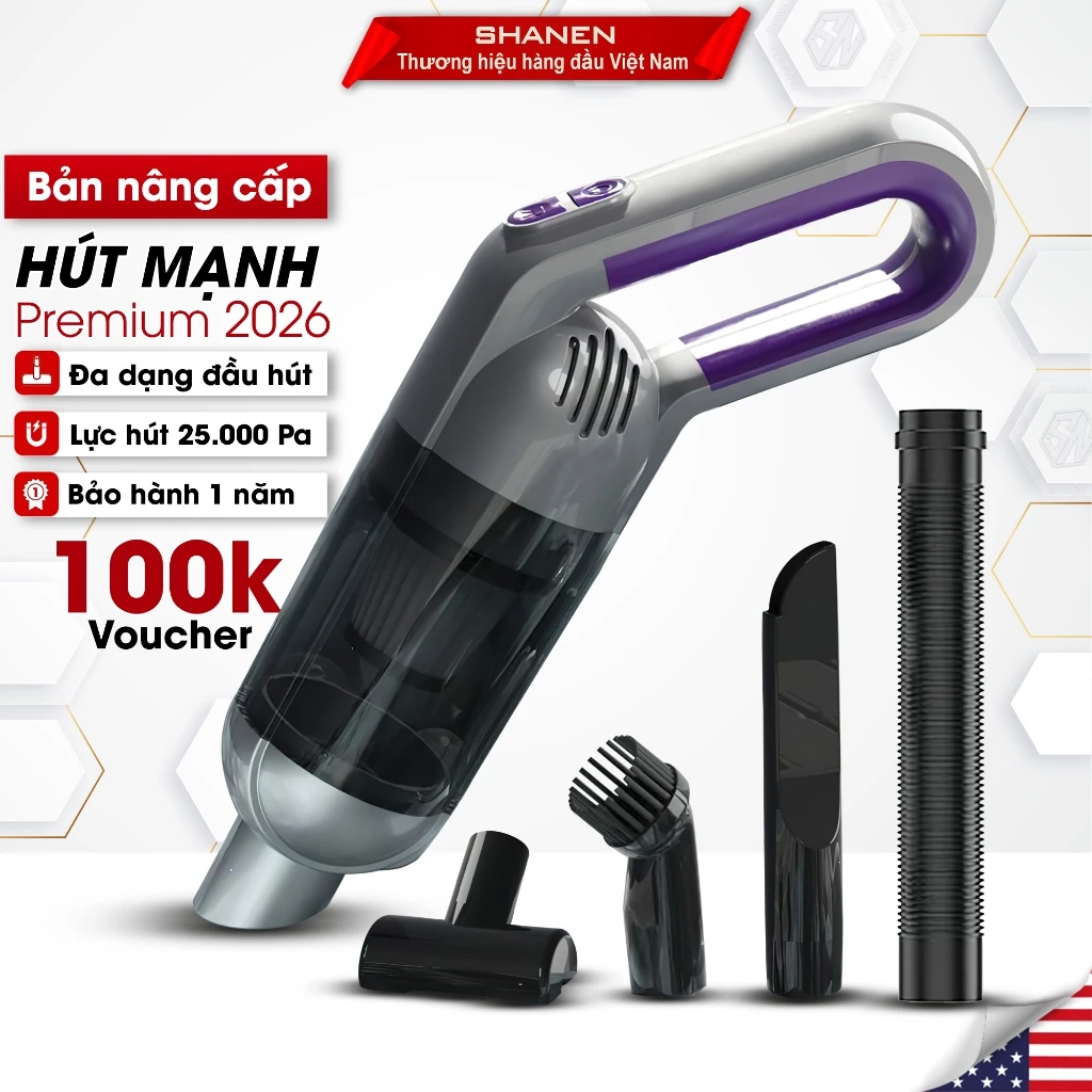Máy hút bụi cầm tay không dây SHANEN, Hút nệm, ngõ ngách, tích hợp đèn Pin, công suất 25.000 Pa