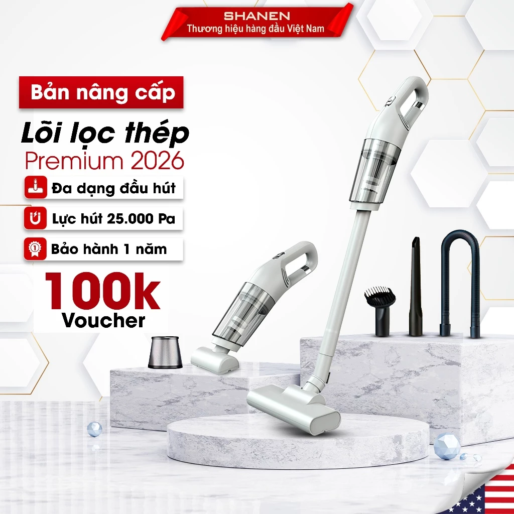 Máy Hút Bụi Cầm Tay Không Dây Đa Năng 5IN1 SHANEN Lực Hút Cực Mạnh 25.000Pa, Lõi lọc thép bền bỉ