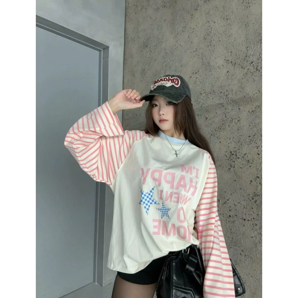 Áo Thun Tay Dài Kẻ Sọc Ngang, Áo Thu Đông Raglan Kẻ Sọc Long Sleeve Boxy Cổ Tròn Họa Tiết Sao Nhiều Màu Chất Liệu Dày