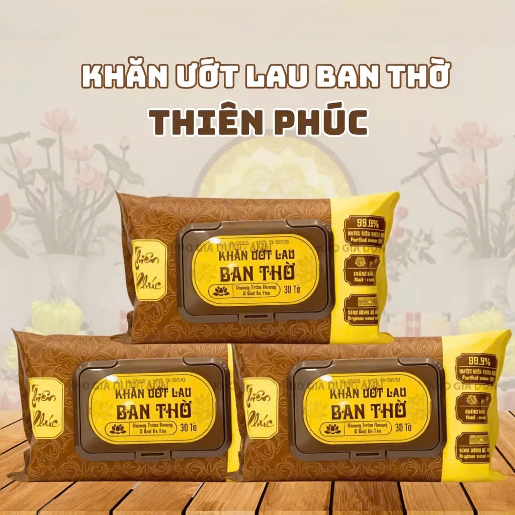 Combo 5 Gói Khăn ướt Bao Sái lau ban thờ Thiên Phúc Hương Trầm Ngũ Vị Hương Tặng Chổi