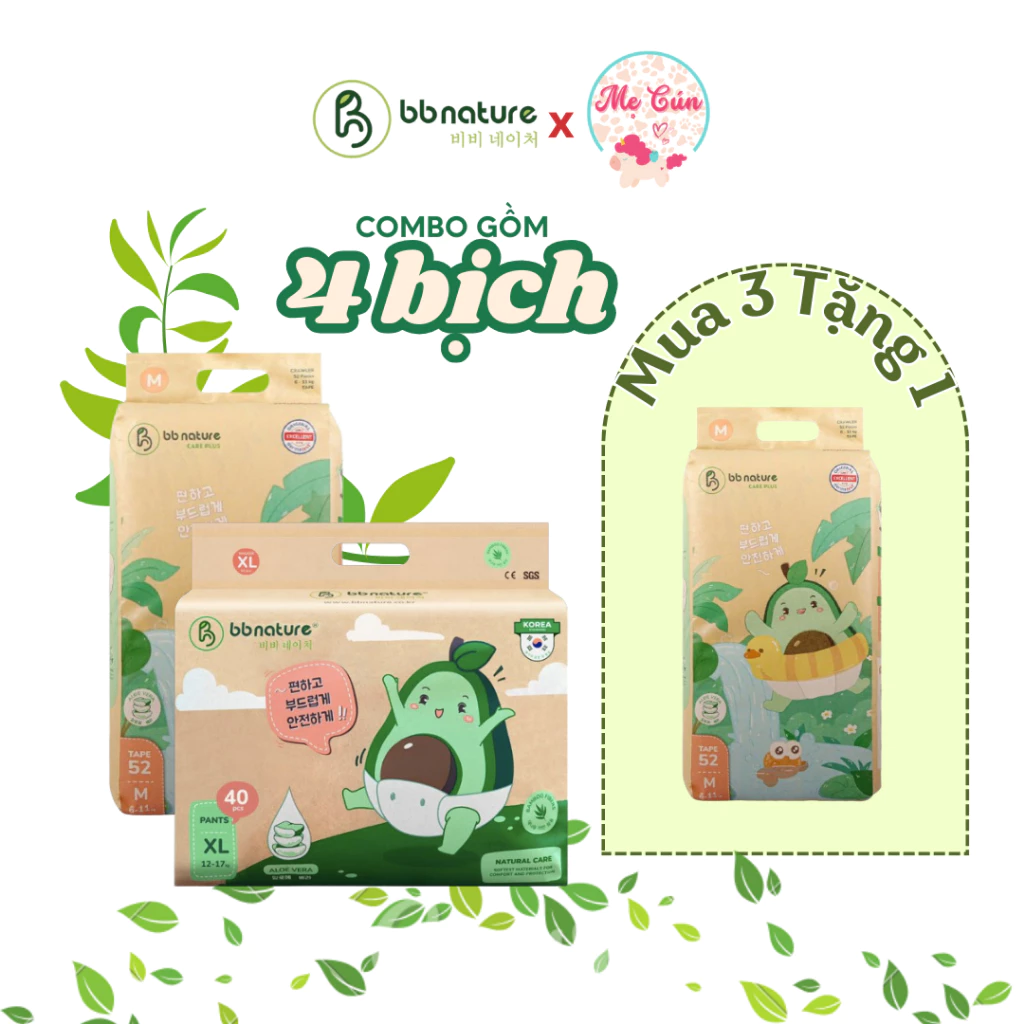 (MUA 3 TẶNG 1) Bộ 4 bịch tã BB Nature bông hữu cơ NB60, S56, M52 quần M48, L44, XL40, XXL38