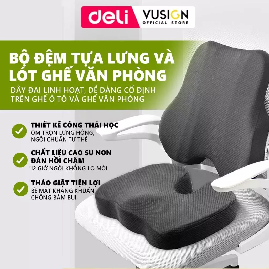 Combo Bộ gối tựa lưng và đệm lót ghế văn phòng DELI, giảm đau mỏi chống gù lưng, hỗ trợ phòng chống đau xương cụt, trĩ